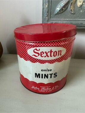 Vintage sexton mints red white polka dot tin